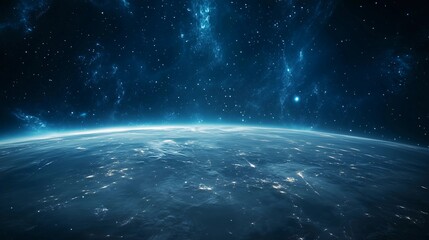 Fototapeta premium A blue and white planet with a starry sky. The sky is filled with stars and the planet is surrounded by a blue and white atmosphere