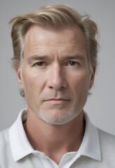 Obraz premium Contemporary Portrait of a Dutch Man with Direct Gaze and Neutral Expression in Soft Lighting against a White Background