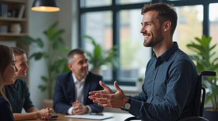 A man with a disability confidently presenting to a small team in a modern office setting, clear communication