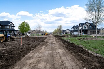 Fototapeta premium Street construction with houses in background