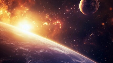 A bright sun is shining on the Earth, while a large planet and a smaller one are visible in the background