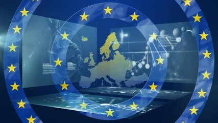 Digital map of Europe with scientific data overlay, European Union stars encircling - Powered by Adobe