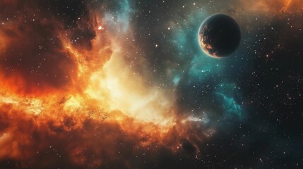 A colorful galaxy with a large planet in the center. The planet is surrounded by a cloud of orange and blue gas