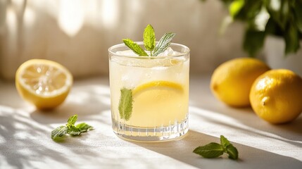 Fototapeta premium A glass of fresh lemonade with mint leaves, placed on a white surface