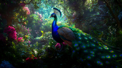 Fototapeta premium A vibrant peacock standing amidst lush foliage and colorful flowers in a dreamy garden scene