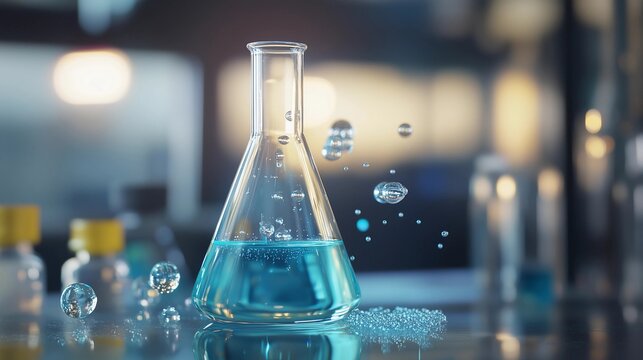 A glass beaker filled with blue liquid and bubbles. The bubbles are floating in the liquid, creating a sense of movement and energy. The scene is set in a laboratory, with various bottles