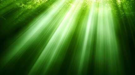 An abstract representation of asymmetric green light burst, with beautiful rays of light illuminating a dark green background, symbolizing energy, movement, and contrast between calm and intensity.

