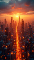 Fototapeta premium Cityscape at Sunset with Glowing Network Overlay