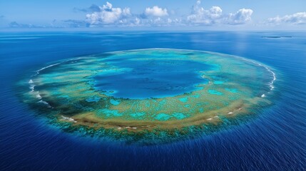 Obraz premium Aerial view of vibrant coral atoll in deep blue ocean with turquoise reef and clear horizon