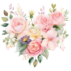 Watercolor floral wreath with pink roses and delicate greenery, perfect for love-themed designs. Elegant heart-shaped rose arrangement with light pink tones, perfect for wedding invitations.