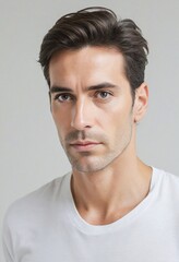 Sleek Portrait of a Modern Spanish Man in Contemporary Attire, Engaging Gaze, Calm Expression, Soft Light Balance, High Definition, Plain White Backdrop