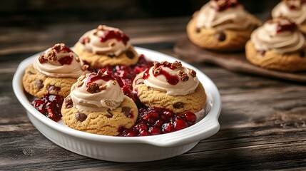 Delicious Chocolate Chip Cookies with Creamy Topping and Cranberry Sauce