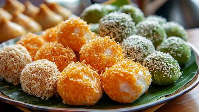 Delicious assorted thai dessert balls arranged aesthetically on a banana leaf platter