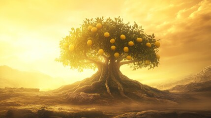 Golden citrus tree sunset landscape, abundance, prosperity, fantasy art