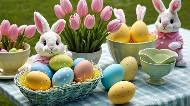 Charming easter tableau with bunnies, eggs, and pink tulips arrangement