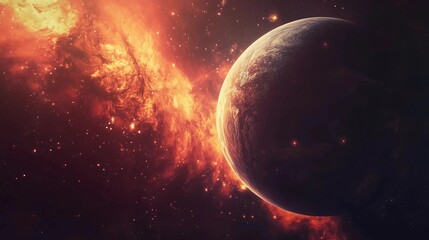 Obraz premium A planet with a fiery tail is shown in the background. The planet is surrounded by a lot of stars and space debris. Concept of wonder and awe at the vastness of the universe