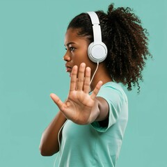 Young girl listening to music using headphones doing stop gesture with hands.