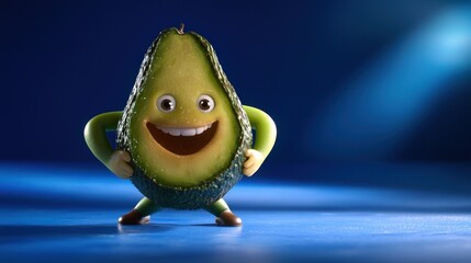 Cheerful avocado character posing confidently against a blue background with soft lighting