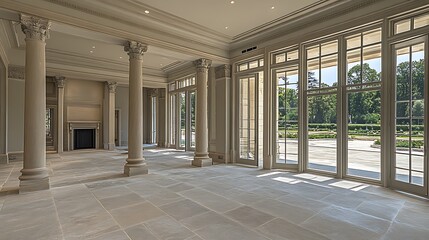 Obraz premium An Empty Grand Room Featuring Columns and Large Windows Overlooking Gardens