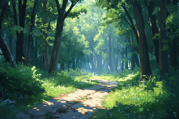 Obraz premium A forest path winding through dense trees, dappled sunlight filtering through the leafy canopy, creating a tranquil, inviting atmosphere.
