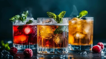 Three glasses of different colored drinks with mint leaves on top. The drinks are served in a bar setting with raspberries on the table