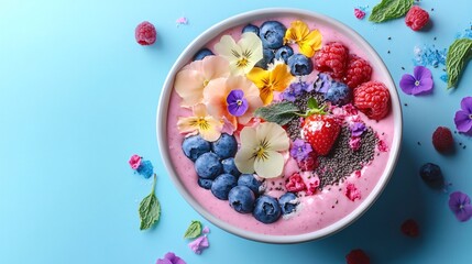 A dreamy, pastel-themed gourmet smoothie bowl with hand-painted edible floral designs on the surface, high-end patisserie aesthetic