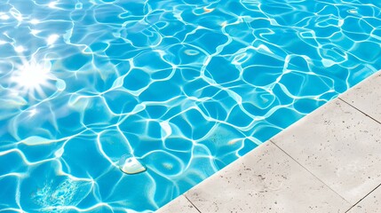Obraz premium Aerial view of a serene blue swimming pool under natural sunlight, embodying tropical relaxation and leisure.summer and vacation,resort concept