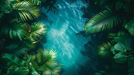 Aerial view of a serene blue swimming pool under natural sunlight, embodying tropical relaxation and leisure.summer and vacation,resort concept