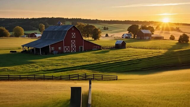 Serene farmlands at sunrise with rolling green fields and red barn
