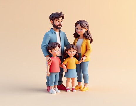 Happy Cartoon Family Portrait Parents and Children Smiling Together - Powered by Adobe
