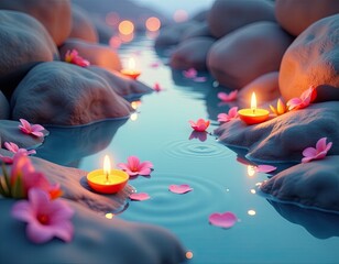Serene Spa Scene Candles, Flowers, and Stones in a Tranquil Stream