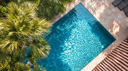 Aerial view of a serene blue swimming pool under natural sunlight, embodying tropical relaxation and leisure.summer and vacation,resort concept
