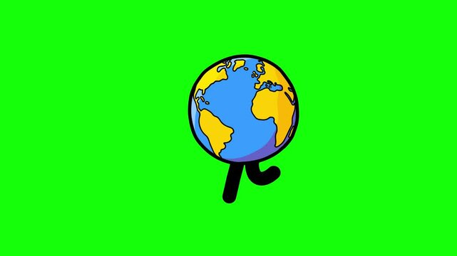 Earth cartoon 2d globe blue yellow walking left character greenbox. Black outline flat animation green screen. Rotating linear planet isolated. Good for modern explainer, educational or business.