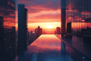 City pool glowing in sunset with silhouettes of buildings and palm trees reflecting in calm water, creating a serene urban oasis.
