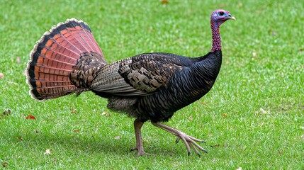 Wild turkey strutting on a grassy field.  Detailed view of its colorful plumage,  including a fan-shaped tail and dark body.  Bird in motion