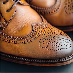 Close-up of elegant brown leather brogue shoes with intricate detailing