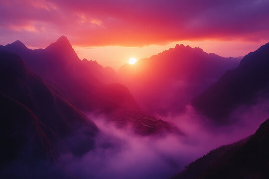 Sun setting over the mountains, casting a warm glow on the rugged peaks and bathing the landscape in a tranquil golden light.