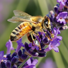 Close-up of honeybee collecting pollen from purple lavender flowers