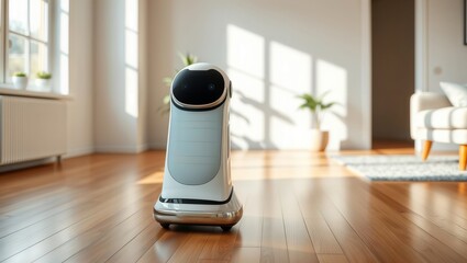Modern robot in bright room. White service robot stands in a minimalist living room with light wood floor and plant, in a modern home.