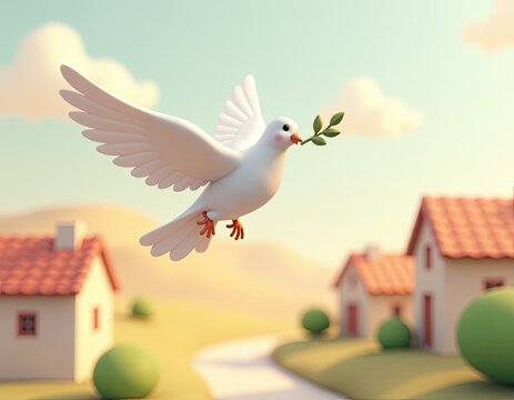 3D Render of a White Dove with Olive Branch Flying Over Houses - Powered by Adobe