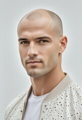 Fototapeta premium High-resolution portrait of a contemporary Austrian bald male against a minimalist backdrop