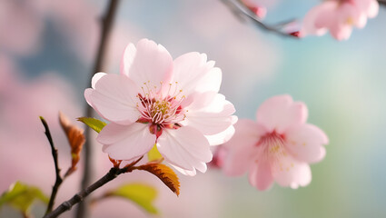 Fototapeta premium stunning Sakura cherry blossom scene, with pink flowers blooming under clear spring skies, capturing the essence of nature’s rebirth.