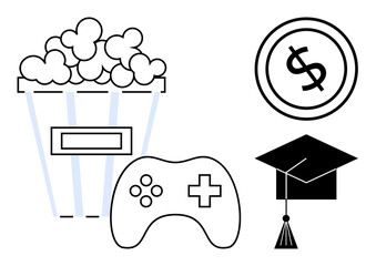 Popcorn bucket, gaming controller, graduation cap, and dollar coin symbolizing leisure, gaming, education, and financial aspects. Ideal for entertainment, education finance gaming success goals