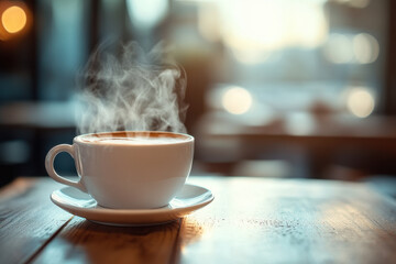 Cup of coffee on wooden table in cozy cafe, steam rising.