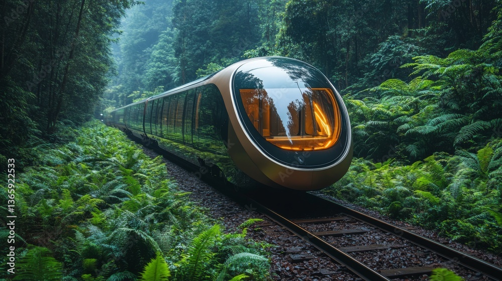 Poster a sleek high speed maglev train glides silently through a dense rainforest, surrounded by vibrant gr