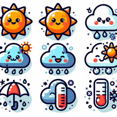 Playful weather icons featuring happy sun, clouds, rain, and thermometer in a colorful and cheerful style