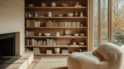 Fototapeta premium Cozy autumn living room with plush armchair, bookshelves, and large windows