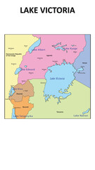 Obraz premium Lake Victoria Map. State and union territories of Lake Victoria with neighbouring countries. Political map of Lake Victoria with capital and important cities in Detailed.