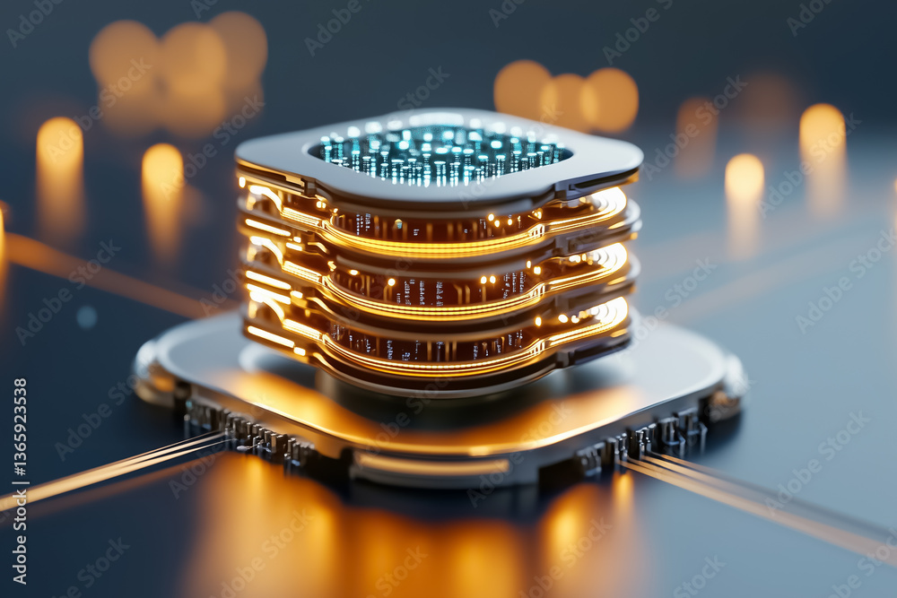 Poster close-up view of modern microprocessor with intricate circuitry and glowing elements. high-tech desi