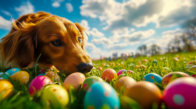 A golden retriever sniffs easter eggs hidden in a grassy field under a bright cloudy sky outdoors